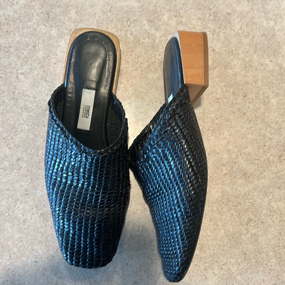 Miista London mules braided leather black wood heel sz 39 us8